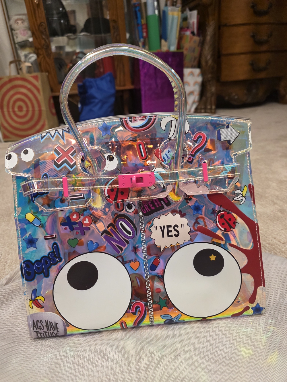 Clear Holographic Sticker Tote Bag with Pink Accents